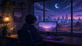 Desk-Mat-Motiv: Lo-fi Gaming-Zimmer bei Nacht mit Neon-Skyline