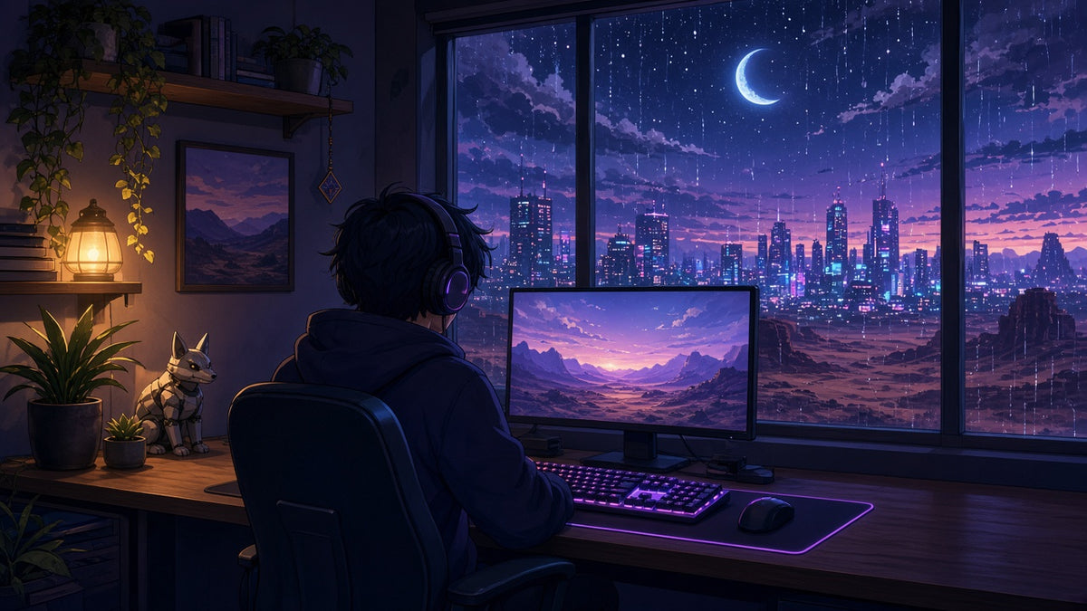 Desk-Mat-Motiv: Lo-fi Gaming-Zimmer bei Nacht mit Neon-Skyline