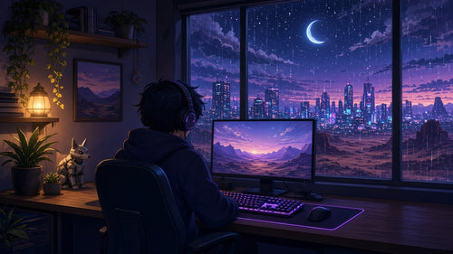 Desk-Mat-Motiv: Lo-fi Gaming-Zimmer bei Nacht mit Neon-Skyline