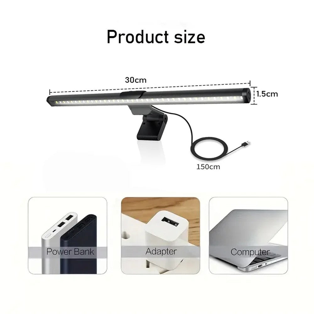 Masse der Monitor-Lichtleiste: 30 cm lang, 1,5 cm hoch, 150 cm Kabel, Strom über Powerbank, Adapter oder Computer