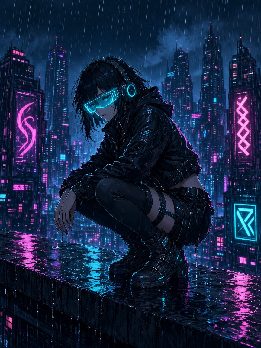 Poster: Hackerin Vexa auf einem Dach der Neon-Stadt im Regen