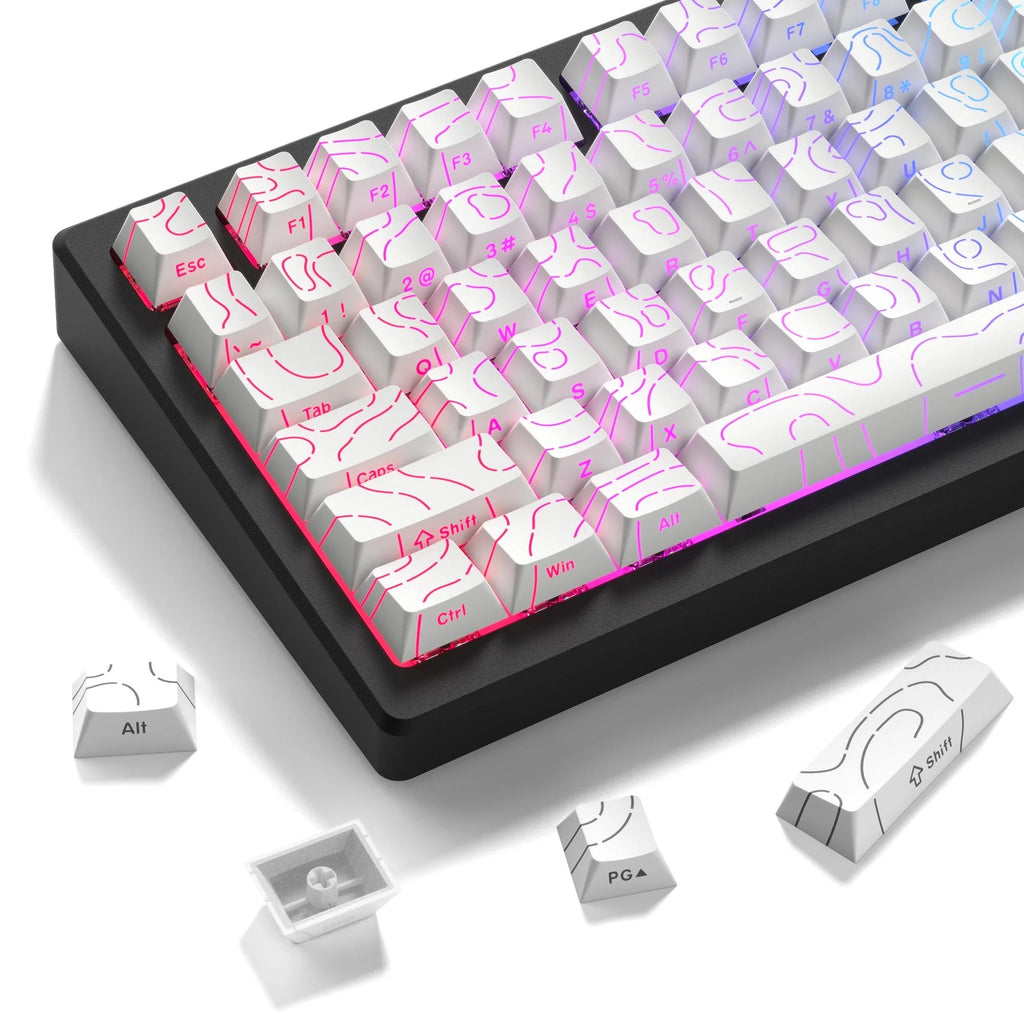 Weisse PBT-Tastenkappen Topographic mit Höhenlinien-Muster auf einer mechanischen Tastatur (Tastatur nicht im Lieferumfang)
