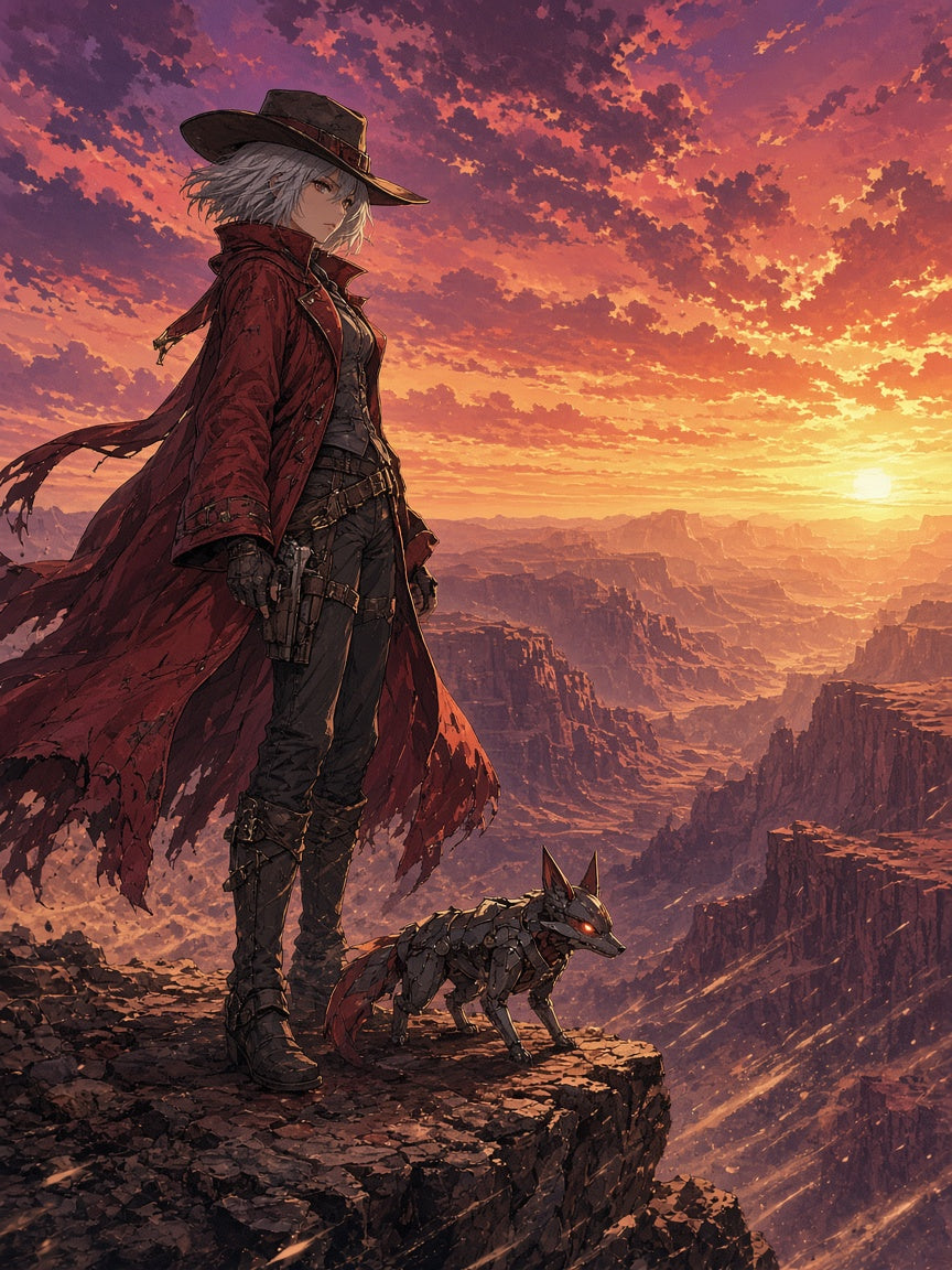 Poster: Kopfgeldjägerin Rin mit Mech-Fuchs Kiko über rotem Canyon bei Sonnenuntergang